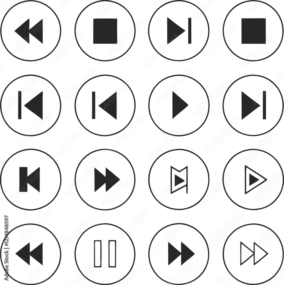 Set of black and white audio player icons Set of black and white audio player icons