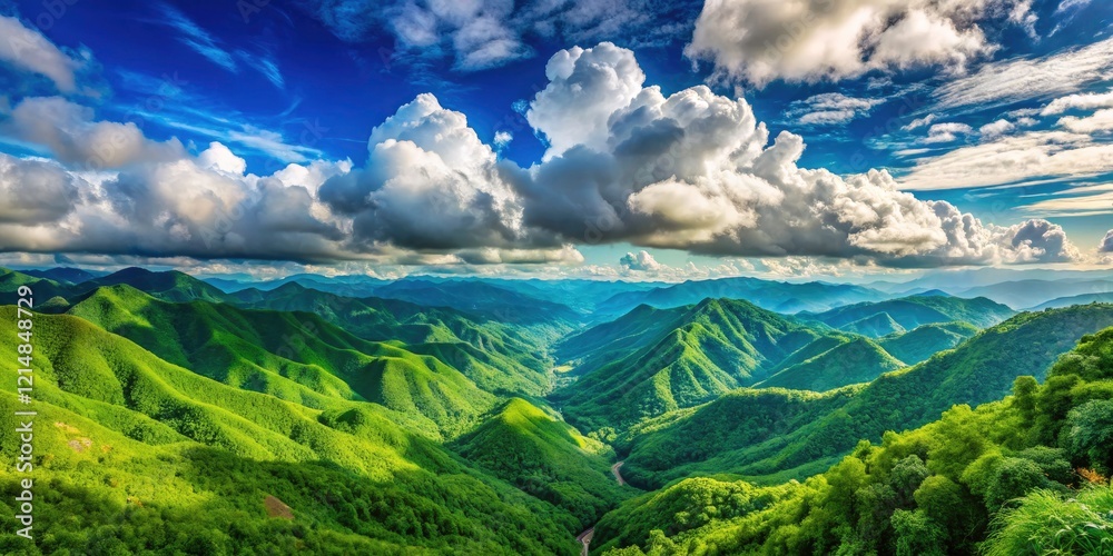 Obraz premium Green mountains rise majestically under a boundless blue sky, a picturesque cloudscape completing the World Environment Day scene.