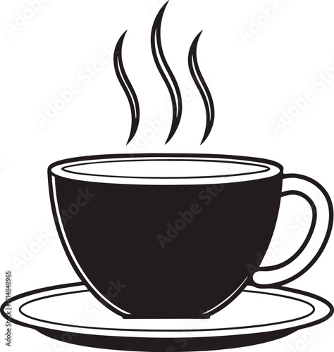 A classic, stylized graphic of a coffee cup filled with steaming hot beverage.