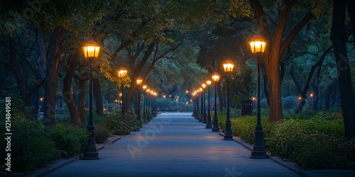 A peaceful night scene of a park path illuminated by warm streetlights, symbolizing solitude and reflection. Ideal for urban tranquility, relaxation themes, and outdoor lifestyle visuals.