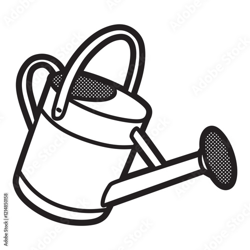 black and white picture, simple aluminum plant watering can facing right