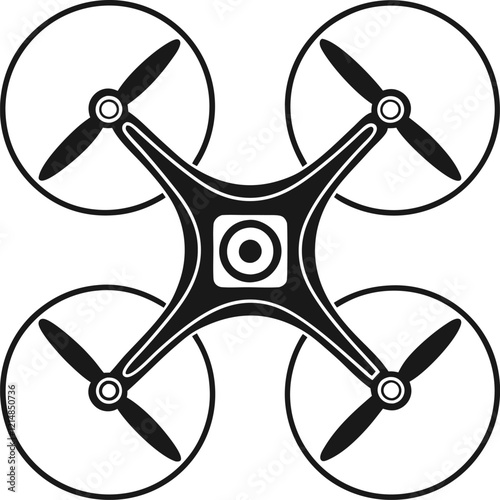 A clean, black and white vector graphic of a drone.