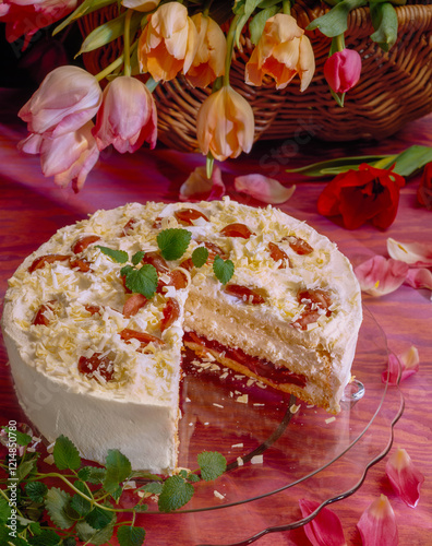 Deliciously decorated creamy Plum cake with flowers and sliced portion on a table with vibrant colors