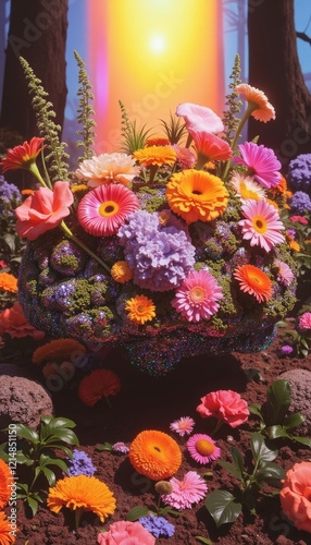 Abstract brain blooming with vibrant flowers symbolizing mental health and growth