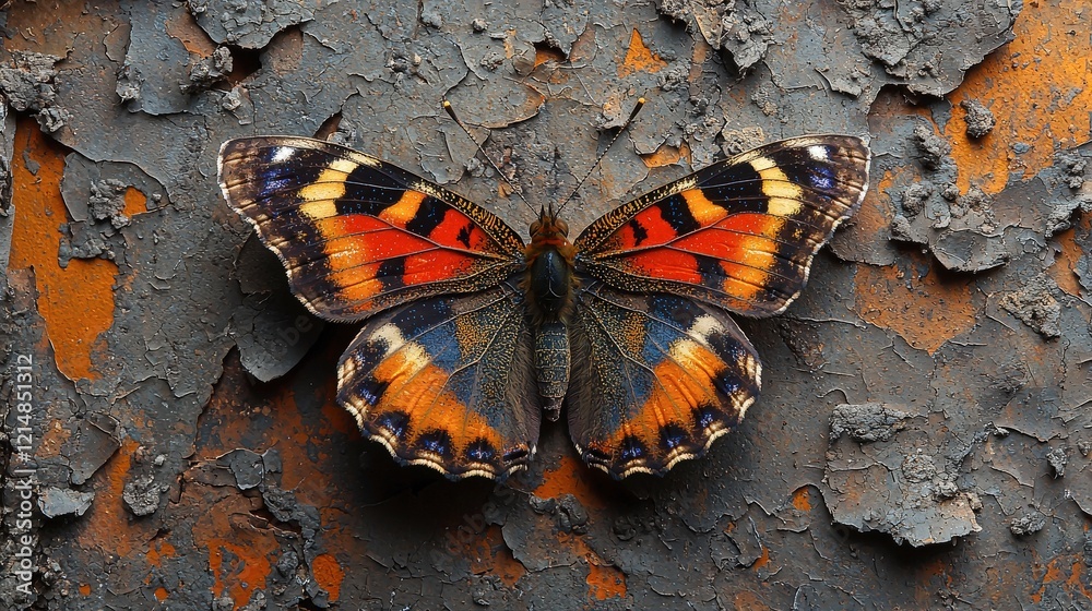 Vibrant Butterfly on Weathered Surface: A Study in Contrast and Texture Vibrant Butterfly on Weathered Surface: A Study in Contrast and Texture