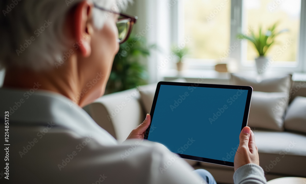 Elderly caucasian male using tablet in living room with natural light Elderly caucasian male using tablet in living room with natural light
