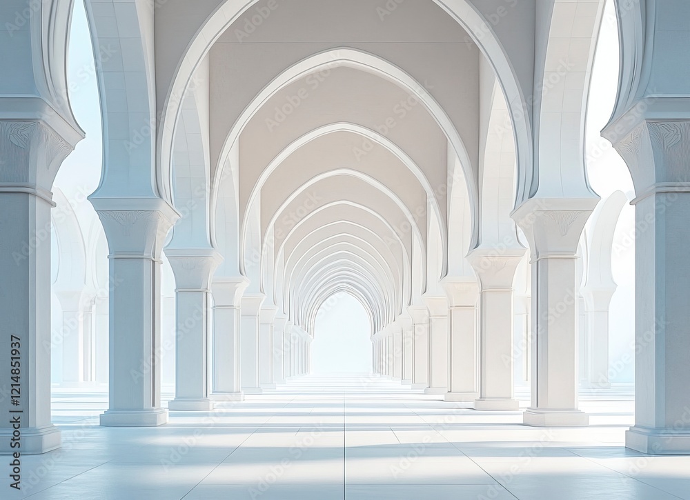 A white background with Islamic-inspired patterns and arches, a long corridor in the center of which there is an empty space for text or product display. A white background with Islamic-inspired patterns and arches, a long corridor in the center of which there is an empty space for text or product display.