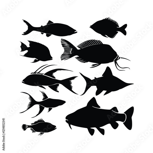 Fish Black Silhouettes set Clipart on a white Background