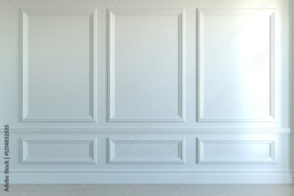 symmetrical French style wall with classic paneling, featuring elegant white finishes and clean design. This interior space exudes sophistication and timeless charm
