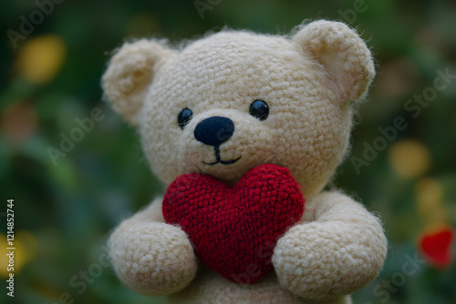 Teddy bear holding a heart with copy space