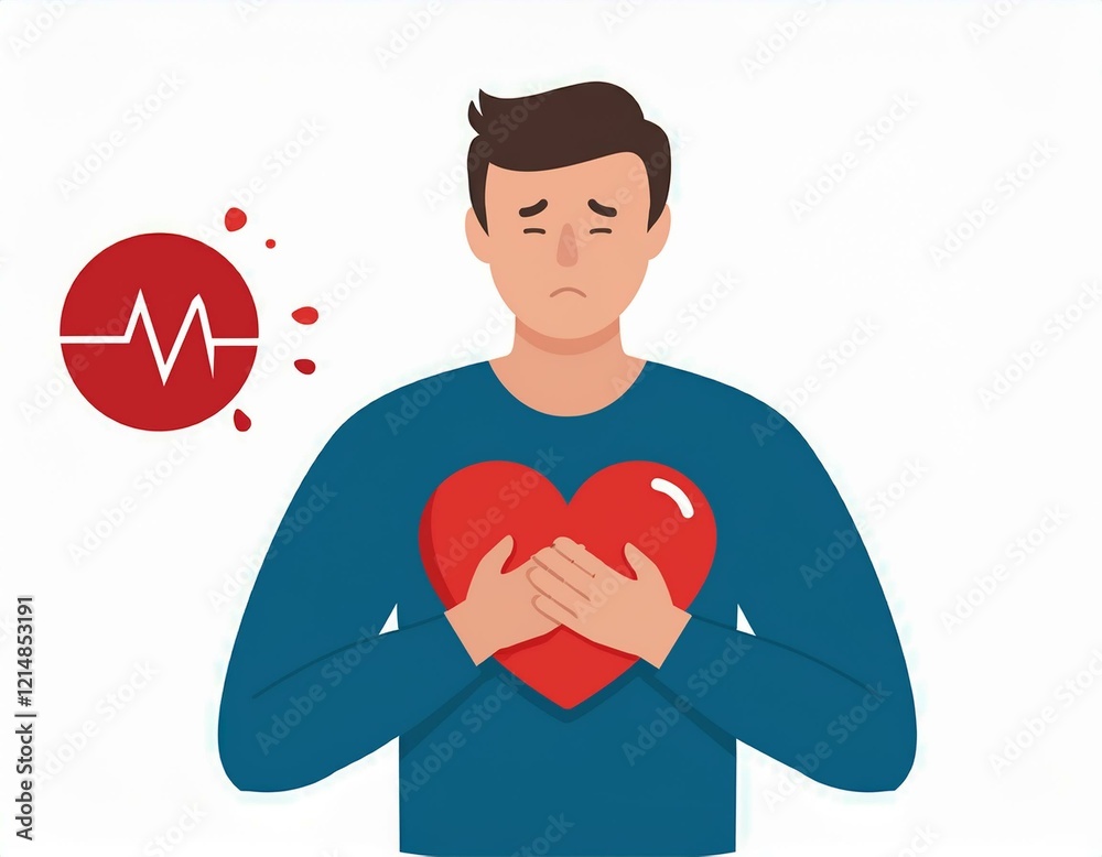 Man with heart attack symptom in flat design on white background. Heart disease concept. Man with heart attack symptom in flat design on white background. Heart disease concept.