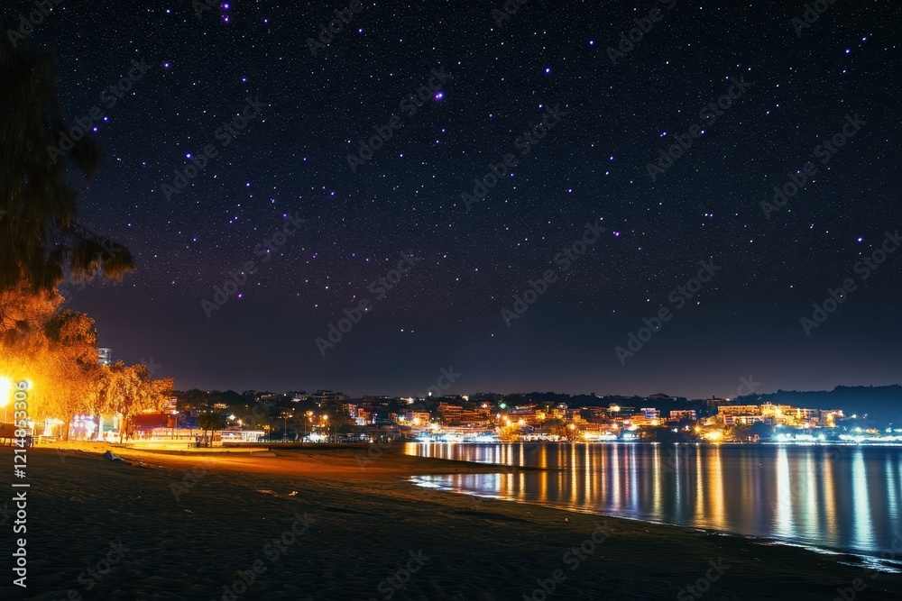 Starry Night Beach Town Seascape, Calm Waters Starry Night Beach Town Seascape, Calm Waters