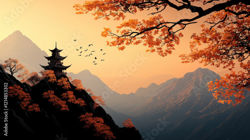 serene landscape featuring traditional pagoda surrounded by autumn foliage, mountains, and birds in flight, evoking tranquility and beauty