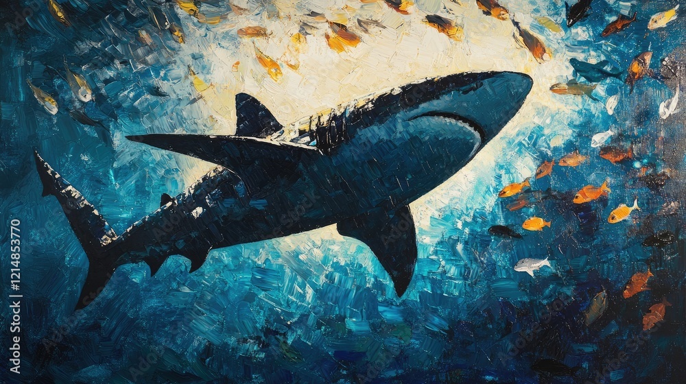 Obraz premium The silhouette of a shark illuminated by light filtering through water, with vibrant schools of fish adding movement.