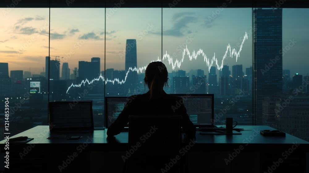 silhouette of a female CEO sitting on her office desk, on the background is a city scape, on the large windows is seen a white line chart of this year growing sales