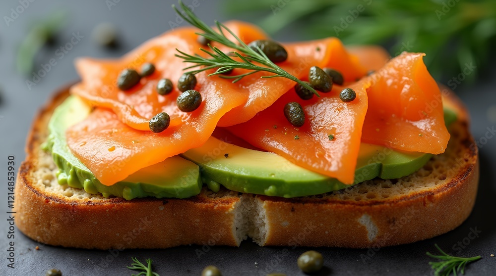 A fully framed toast made with whole-grain bread, smoked salmon, avocado, and whole-grain mustard. A fully framed toast made with whole-grain bread, smoked salmon, avocado, and whole-grain mustard.