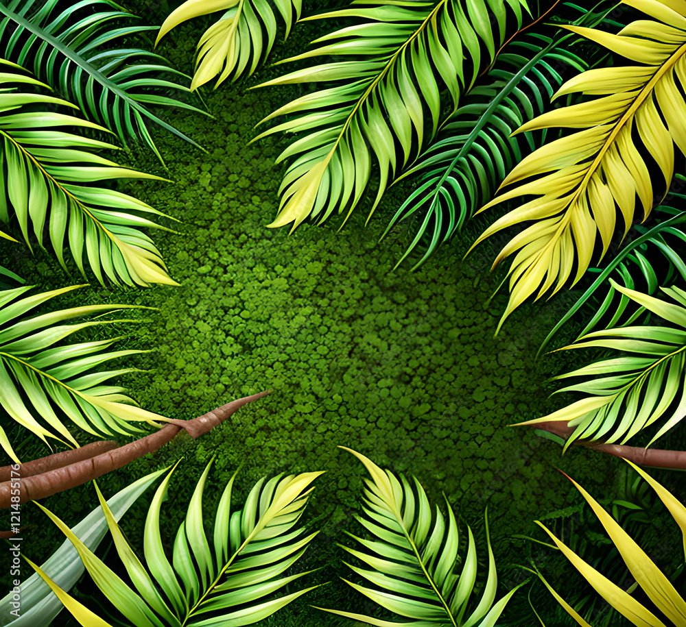 Fototapeta premium close up nature view with green leaves and palm trees background. Flat lay, dark nature concept, tropical leaf.generative ai