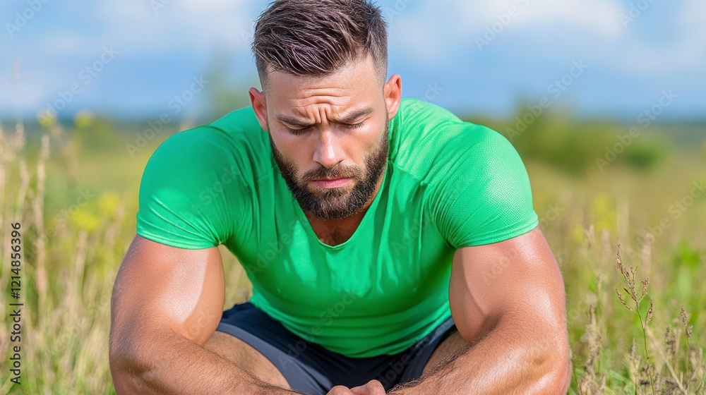 Fototapeta premium Young Man in Green Shirt Reflecting Outdoors in Natural Setting