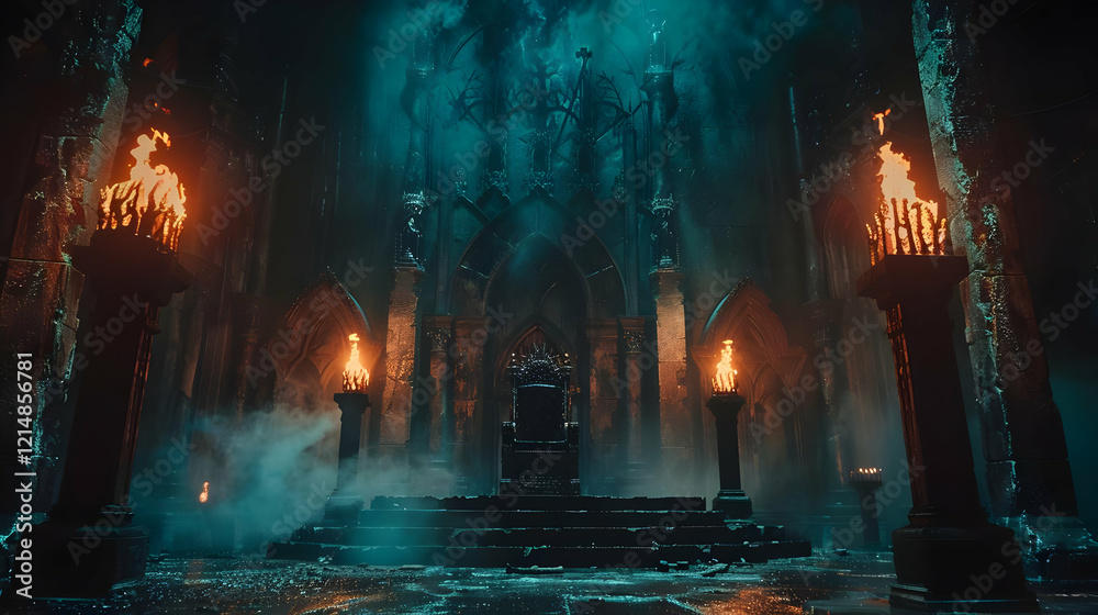 Fototapeta premium Mystical Throne Room in Gothic Cathedral Illuminated by Torches with Eerie Fog
