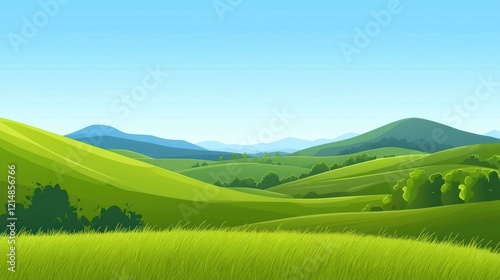 A lush green landscape with rolling hills and a clear blue sky in the distance