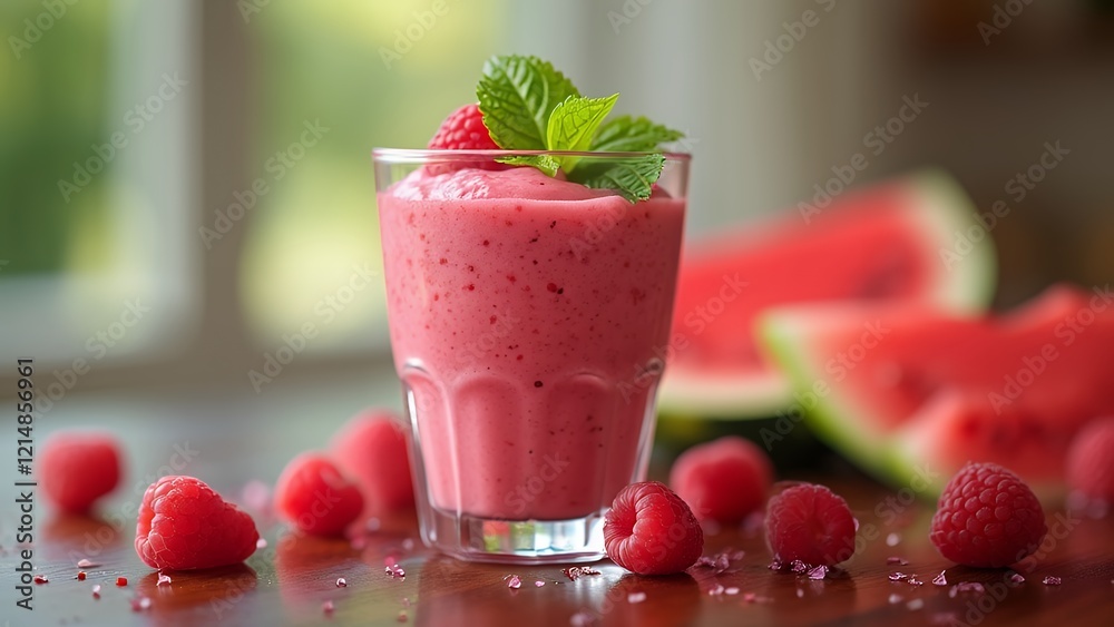A fully visible bright pink smoothie made with raspberries and watermelon A fully visible bright pink smoothie made with raspberries and watermelon