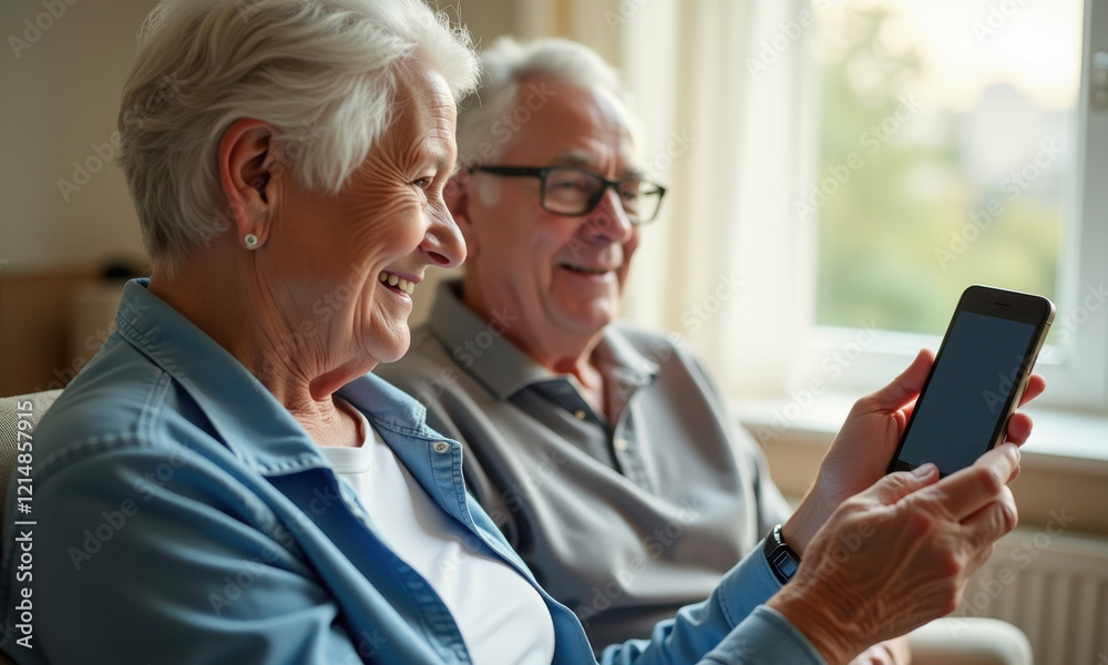Elderly caucasian couple using smartphone app in living room Elderly caucasian couple using smartphone app in living room