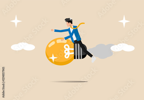 Big business idea, a man riding the lights of innovation idea or inspiration to start a new business, effort or inspiration for creativity idea concept, ambitious businessman working hard