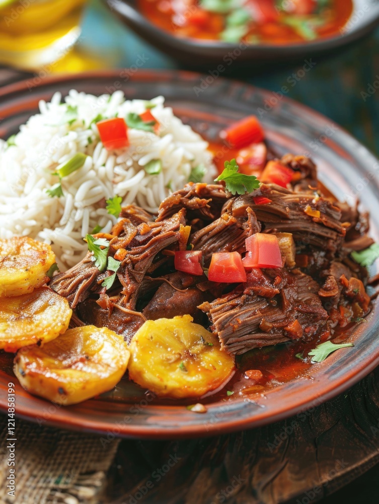 A plate of hearty Mexican cuisine featuring slow-cooked beef stew, yellow fried plantains, black beans and a serving of white rice. A plate of hearty Mexican cuisine featuring slow-cooked beef stew, yellow fried plantains, black beans and a serving of white rice.
