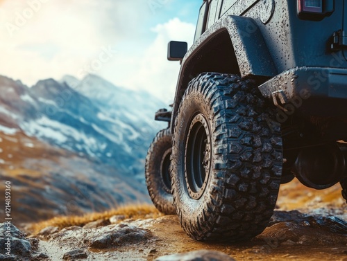 Vehicle on rocky mountain trail with clear sky and snowcapped peaks in the background. photo