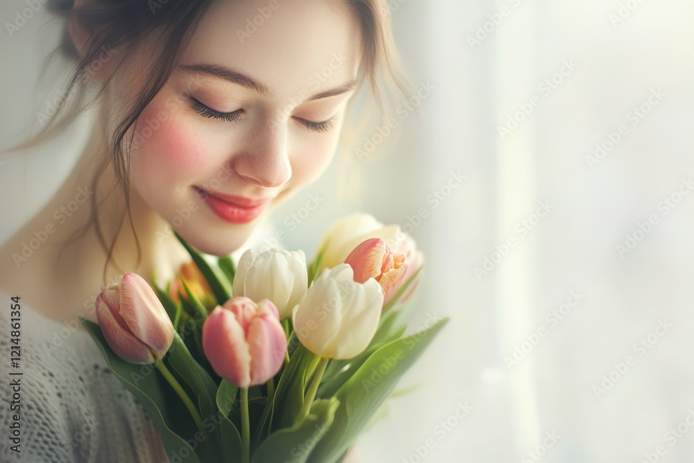 Woman holding a bouquet of tulips smiling peacefully in natural light. Generated AI Woman holding a bouquet of tulips smiling peacefully in natural light. Generated AI