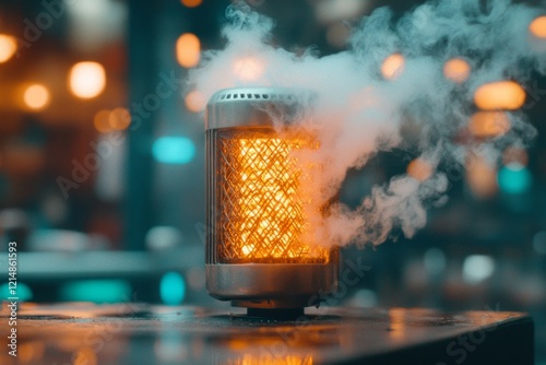 A cyberpunk-inspired depiction of a glowing neon heater in a dimly lit room, with warm golden hues contrasting with the usual cold, metallic cyberpunk aesthetic