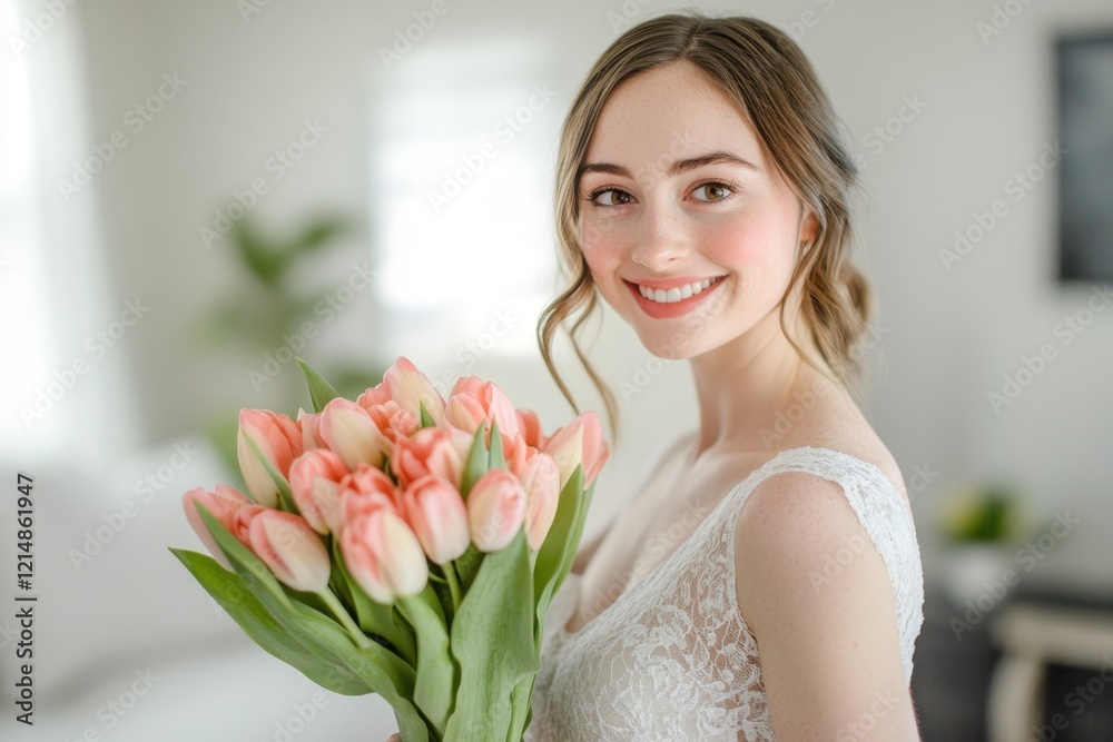 Cheerful young woman holding a bouquet of tulips while smiling happily. Generated AI Cheerful young woman holding a bouquet of tulips while smiling happily. Generated AI