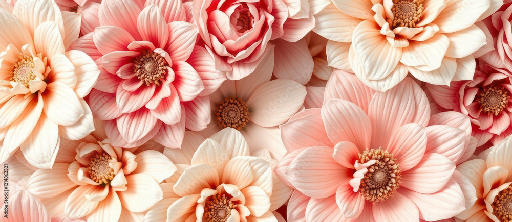 Seamless Floral Pattern with Large Detailed Flowers in Pastel Tones of Pink, Cream, and White Seamless Floral Pattern with Large Detailed Flowers in Pastel Tones of Pink, Cream, and White