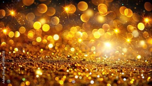 Macro gold glitter bokeh creates a magical Christmas glow, perfect for luxury posters.