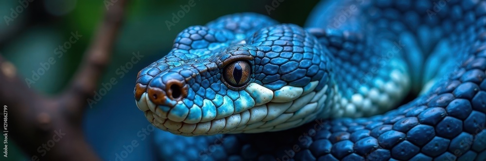 Fototapeta premium Blue viper snake portrait, intricate scales visible, texture, jungle