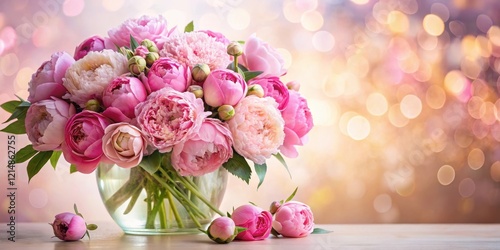 Fototapeta Naklejka Na Ścianę i Meble -  A lush bouquet of pink peonies and roses arranged in a beautiful vase with soft lighting and elegant background