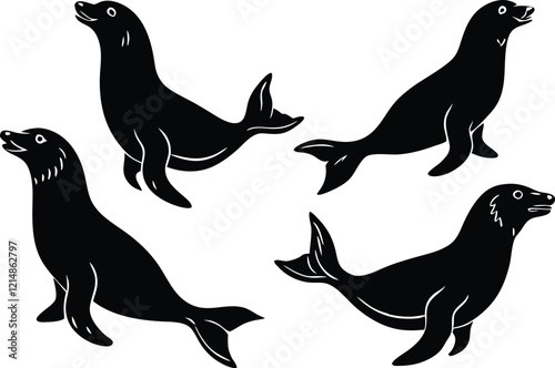 a group of sea lions in black silhouette on white background vector art illustration photo