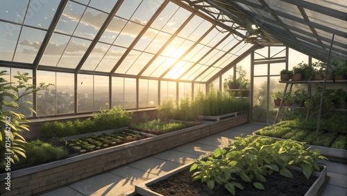 Sunlit Greenhouse Urban Farming Plants Herbs Sunrise