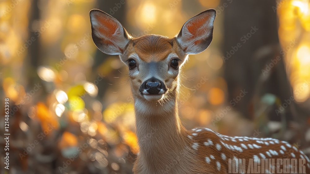 Fototapeta premium A detailed close up of a young deer with its brown fur and white spots in a forest