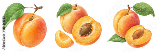 Apricots Watercolor Illustration Three Whole and Halved Fruits Isolated on Transparent Background, Botanical, Fruit Composition, Apricot, Watercolor, Illustration