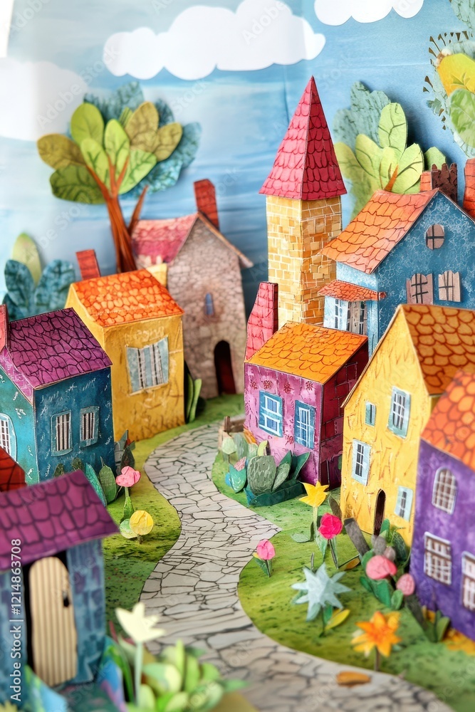 Naklejka premium Whimsical Paper Art of a Medieval Town with Colorful Houses