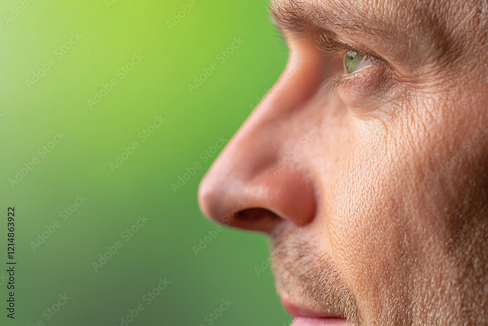 close up profile of man with thoughtful expression, showcasing his eye and facial features against soft green background. image conveys sense of contemplation and serenity close up profile of man with thoughtful expression, showcasing his eye and facial features against soft green background. image conveys sense of contemplation and serenity