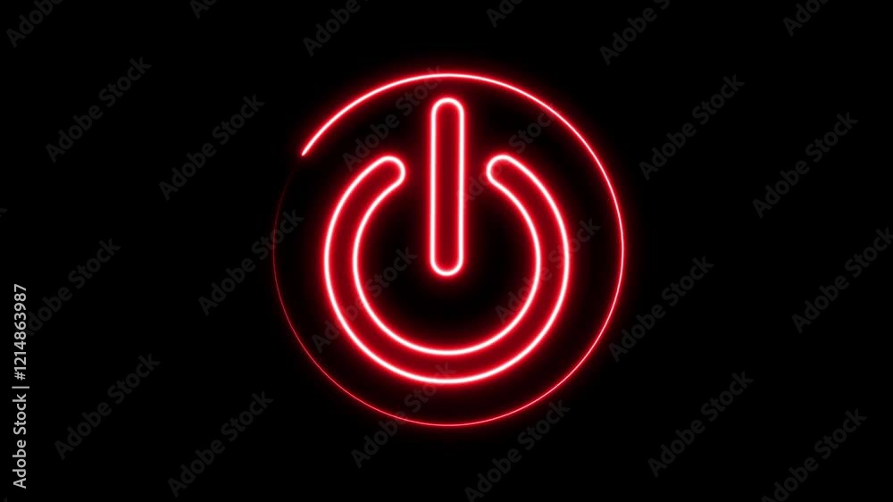 Neon glowing power button icon animated on a black background ,The appearance of neon symbol power off. Neon glowing power button icon animated on a black background ,The appearance of neon symbol power off.
