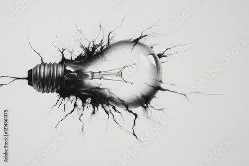 A fading lightbulb, barely glowing, with cracks forming in its glass on a stark white canvas photo