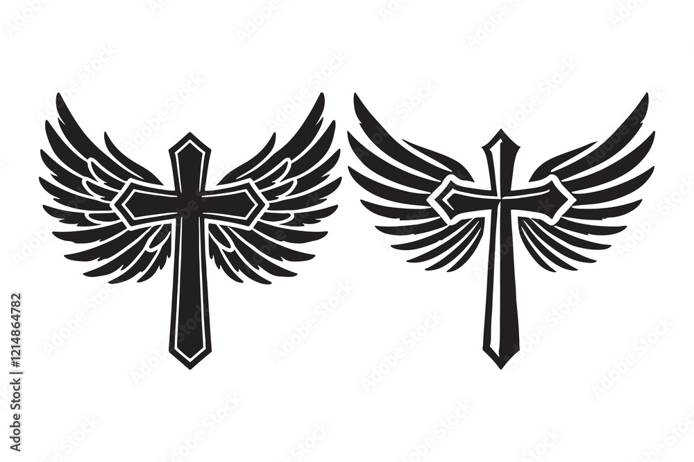 Fototapeta premium cross with angel wings silhouette vector Illustration on white background