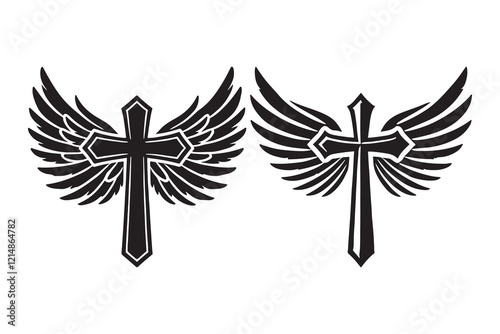 cross with angel wings silhouette vector Illustration on white background