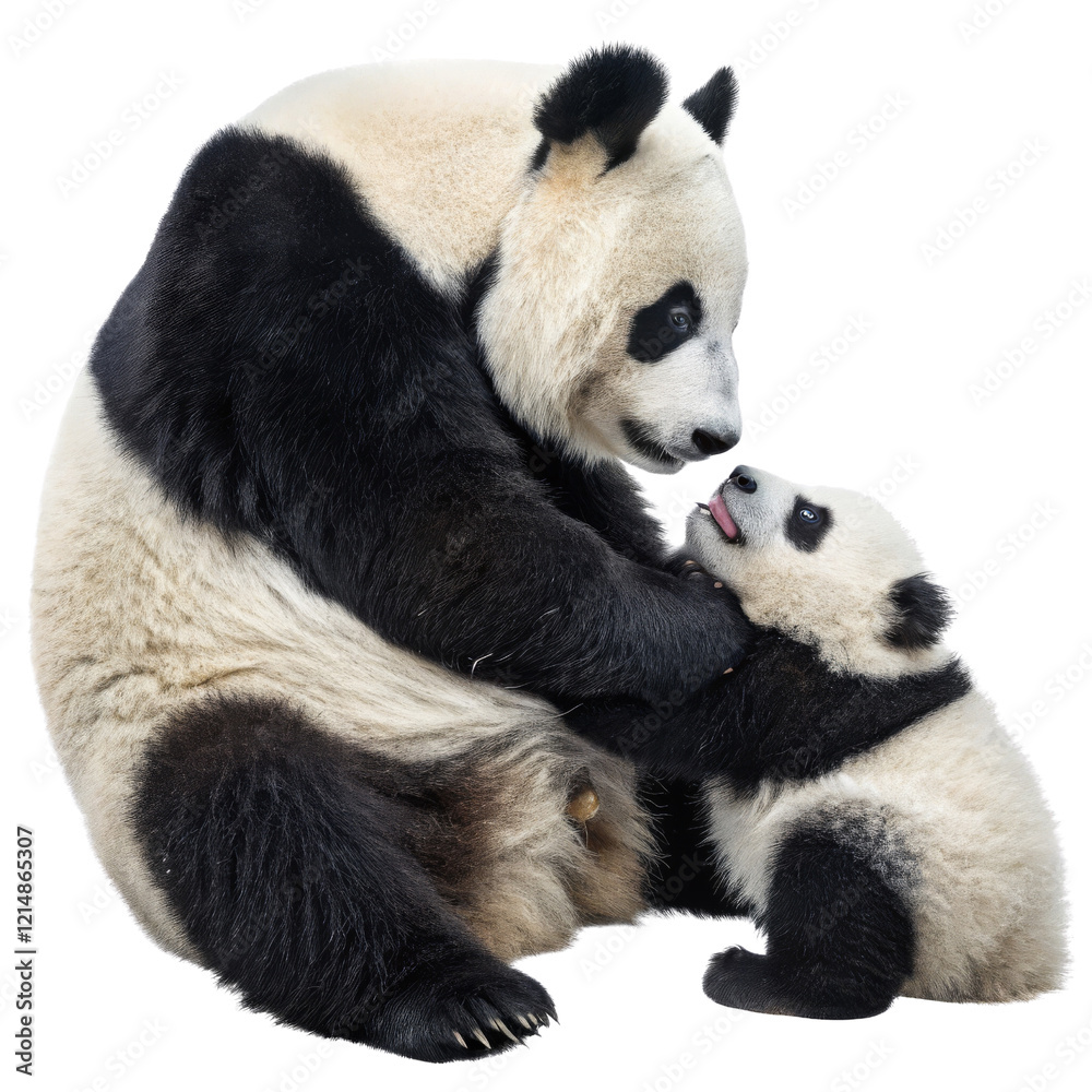 Fototapeta premium Mother Panda and Cub Tender Moment, Isolated on Transparent Background, High-Resolution Image, Panda, Wildlife, Mammal