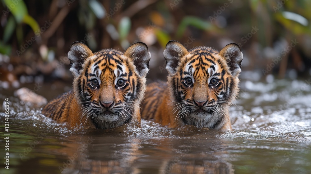 Two adorable tiger cubs wading in a shallow stream looking directly at the camera Two adorable tiger cubs wading in a shallow stream looking directly at the camera