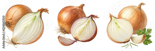 Wallpaper Mural Three Brown Onions Composition, Halved and Whole, Isolated on Transparent Background, Culinary, Vegetable, Food, onion, ingredient, vegetable Torontodigital.ca