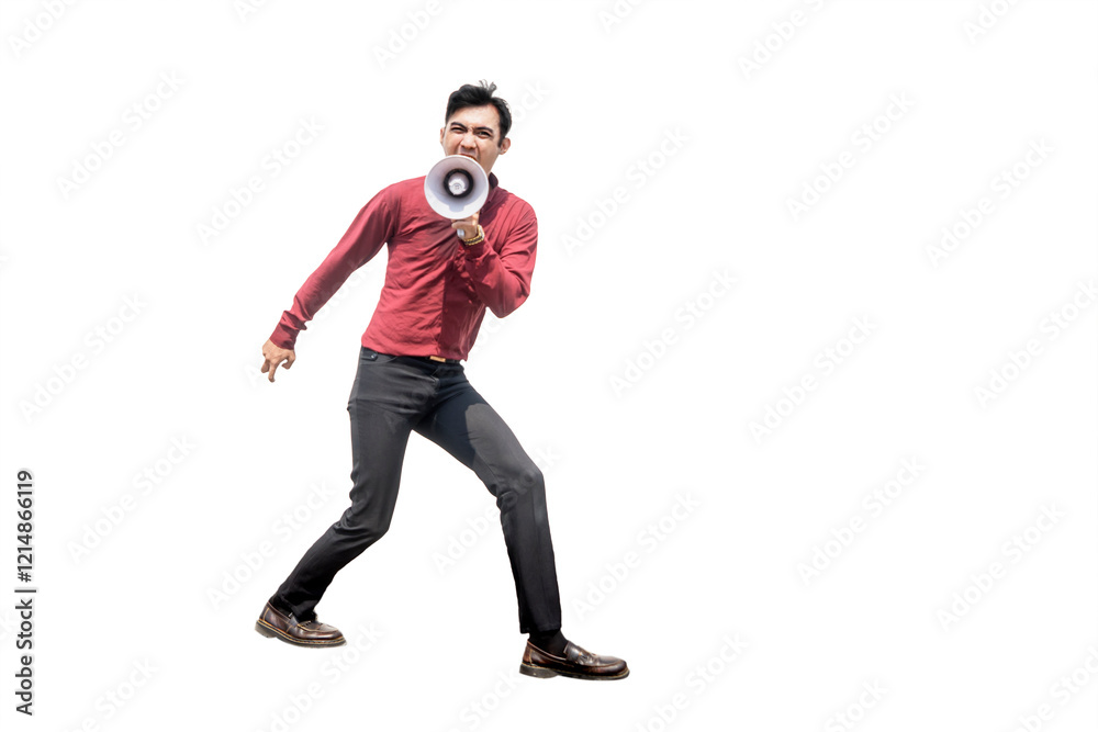 Man Shouting Through Megaphone in Dynamic Pose Isolated on White Background Man Shouting Through Megaphone in Dynamic Pose Isolated on White Background